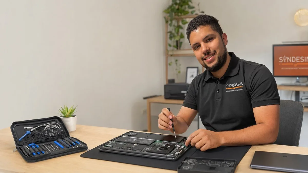 Sébastien Canot, fondateur de SYNDESIN, lors d'une réparation d'ordinateur portable